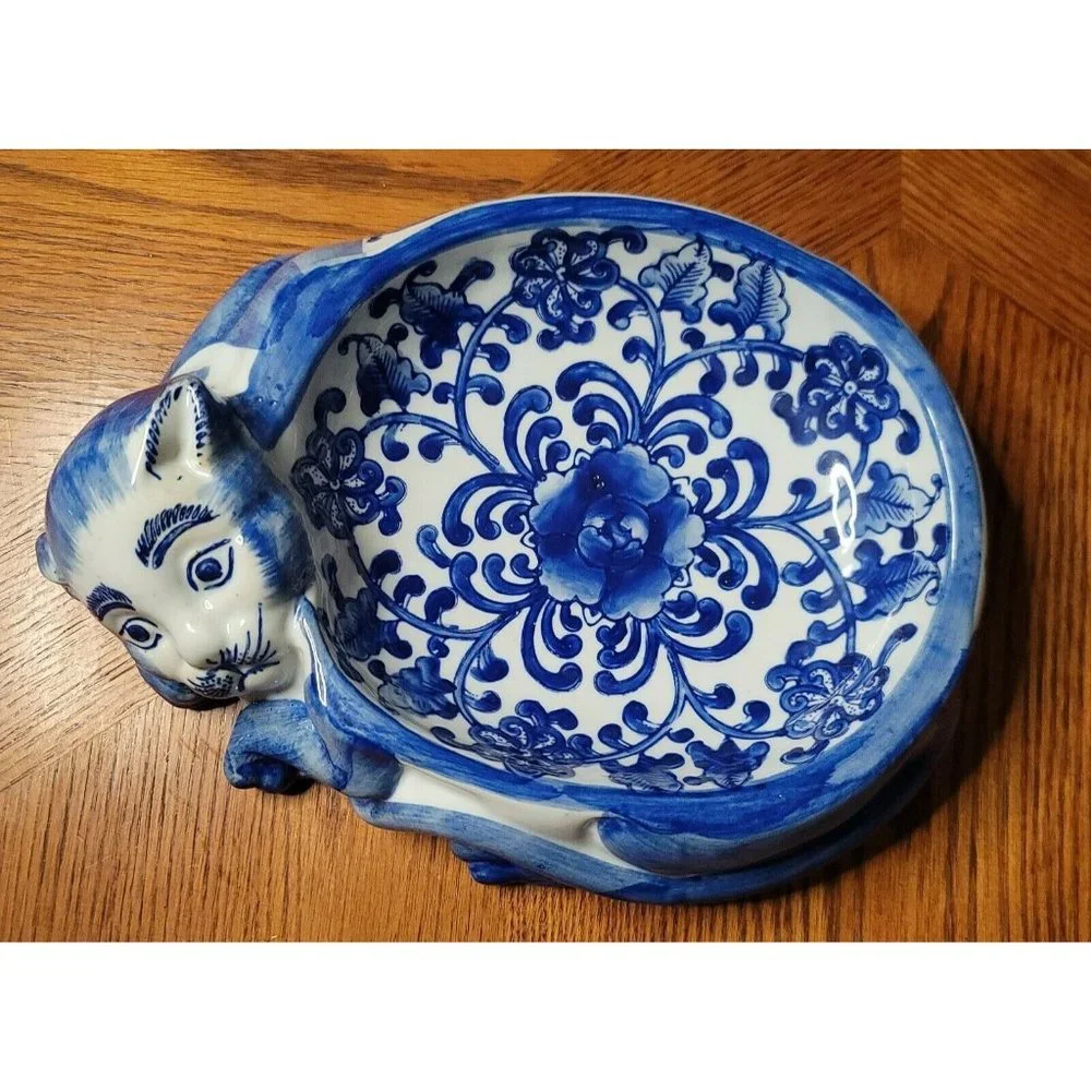 Vintage Porcelain Chinese Cat Kitten Dish Bowl **RARE** 🐈‍⬛🐈🐱 Blue White